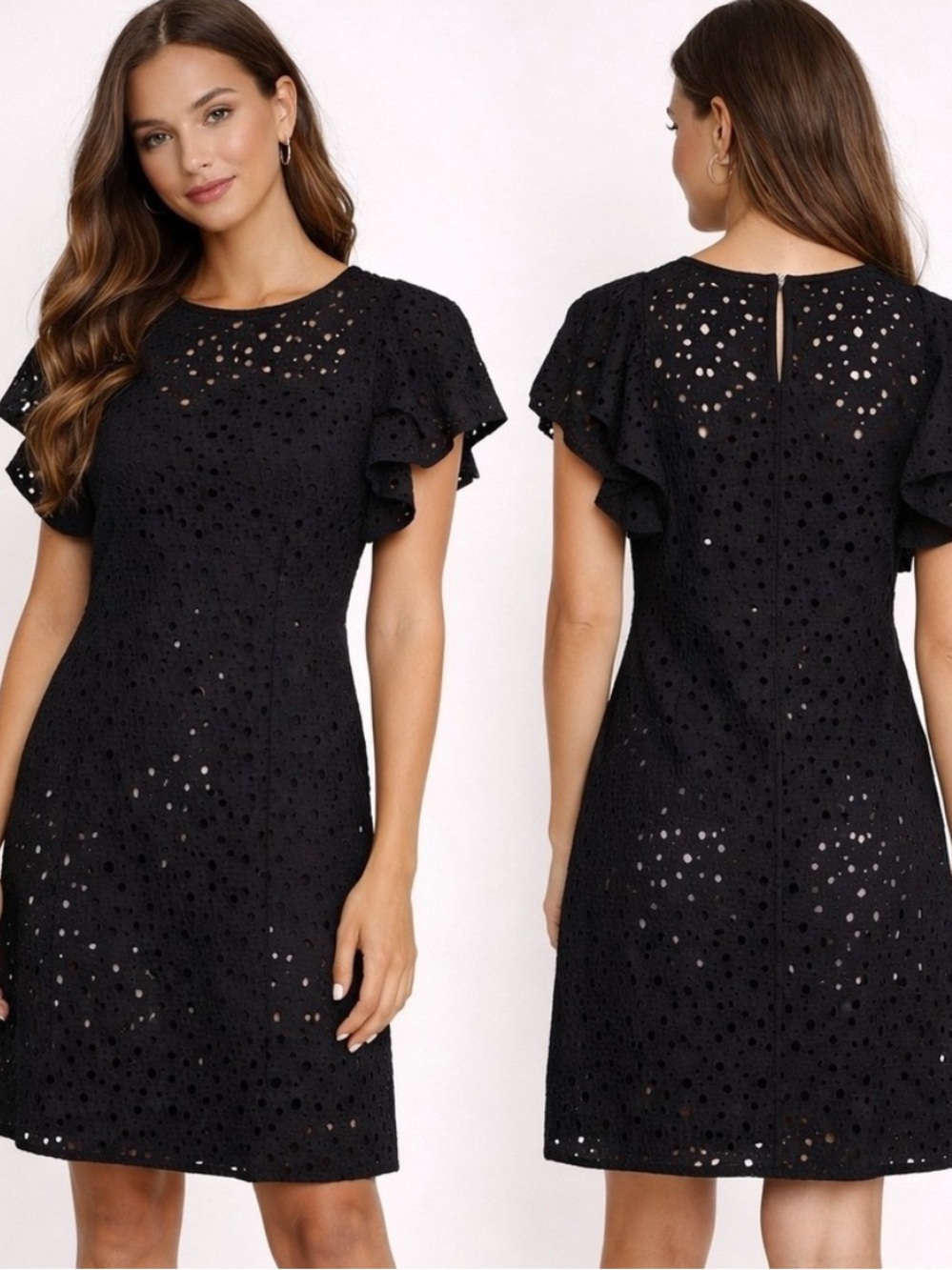 Club Monaco Black Eyelet Flutter Sleeve Mini Shift Dress